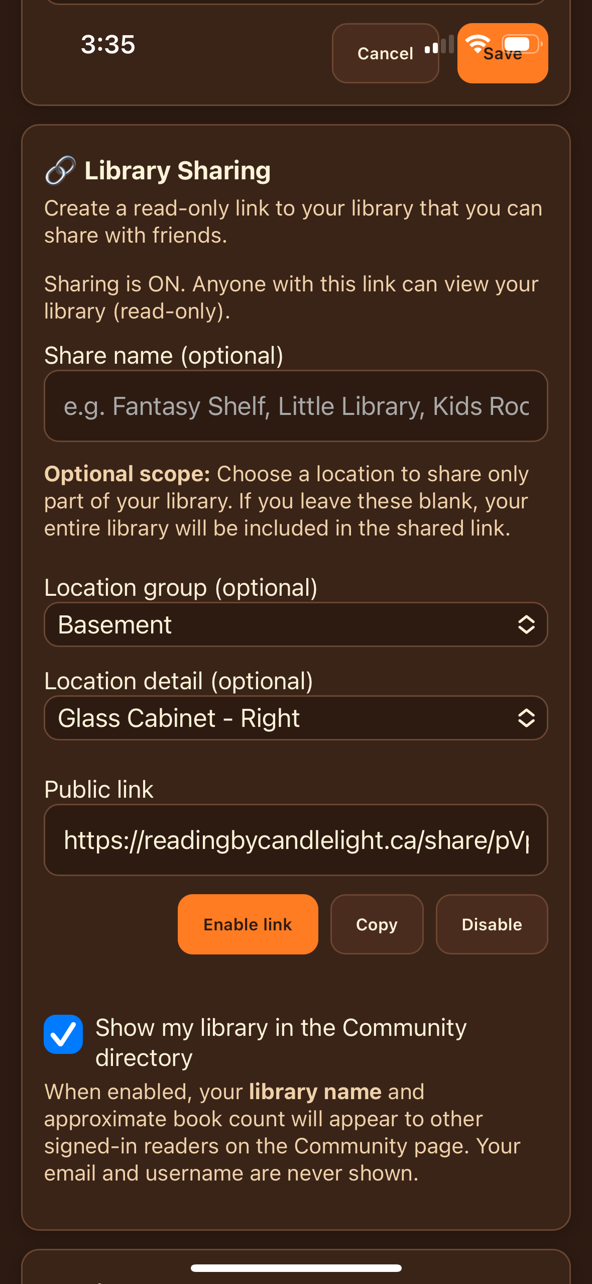 Settings page showing sharing options for a read-only library link